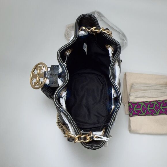 Tory Burch Fleming Mini Soft Quilted Leather Bucket Bag Crossbody Black Gold NWT - Picture 6 of 16